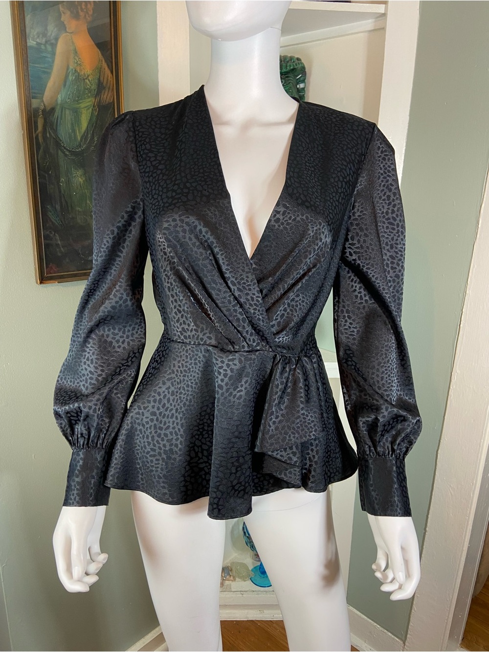 River Island Leopard Black Satin Wrap Peplum Blouse Top Shirt Plunging Draped